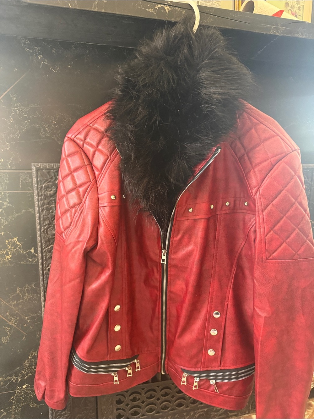 Women's Red Quilted Faux-Leather Jacket with Black Faux-Fur Collar